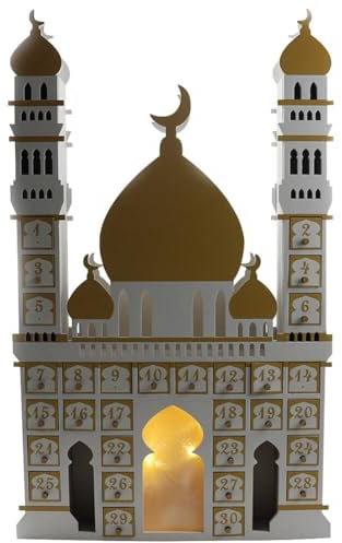 ISAKEN Hölzerner Ramadan Kalender mit LED Licht, 2024 Ramadan Countdown aus Holz Kalender DIY 30 Tage Eid Mubarak Adventskalender für Kinder Geschenke Ramadan Dekorationen