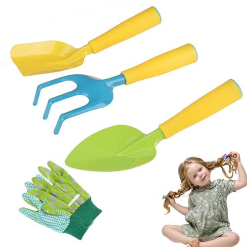 Gartenset für Kinder, Gartengeräte für Kinder, 4-teilig, ergonomisches Mini-Gartenset für Kleinkinder, tragbar, lebendige, abgerundete Ecken, pädagogische Kinder-Gartengeräte für den Außenbereich