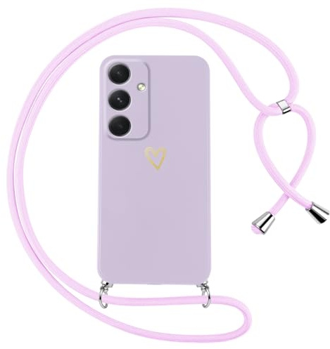 Oelrstfe Handyband für Samsung Galaxy A54 5G Hülle mit Band Herz Motiv Handyhülle für zum Umhängen Silikon Stoßfest Ultra Dünn Weich Schutzhülle mit Kordel Necklace Kette Gold Love Muster Case,Lila