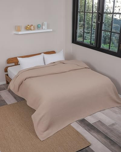 nottoc Couvre-lit beige 180 x 200 cm – Piqué gaufré de qualité supérieure 100 % coton – Couverture d'été légère en aspect gaufré – Couverture en coton comme jeté de lit, jeté de canapé, couverture de