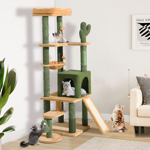 YITAHOME 153 cm hoher Kaktus-Kratzbaumturm mit Selbstpflegebürste, süßer Katzenkletterturm für Hauskatzen mit Katzenhaus, Sitzstange Oben, Korb, Sisal-Kratzbäumen und Brett, Spielbällen