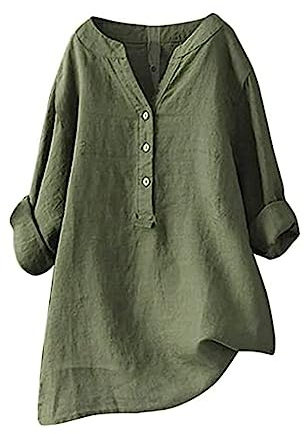 Chemisier Femme Chic et Élégant Coton Et Lin Chemise Col en V Bouton | Eté Manches Longues Printemps Tshirt Couleur Unie Respirant Coton Lin Tunique Grande Taille Pas Cher