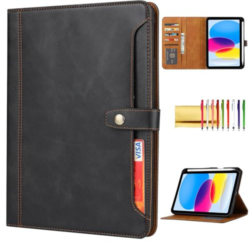Techcle Schutzhülle für iPad (A16) 11 Zoll 2025 / iPad 10. Generation 2022, veganes Leder, klappbarer Ständer, Stifthalter, weiche TPU-Rückseite, Schutzhülle mit Kartenfächern und Taschen, Schwarz