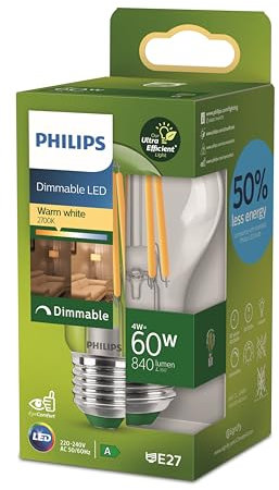 Philips LED-Glühbirne klassisch, UltraEffizient, 60W, 840Lm, A60, E27 2700K, Klarglas, dimmbar, Klar