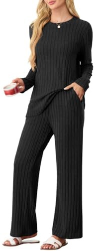 PrinStory Schlafanzug Damen Lang Pyjama Damen Gerippte Streifen Weiche Lounge Set Rundhals Lange Ärmel Schlafanzugoberteile Und Schlafanzughosen Mit Taschen (Schwarz, XL)