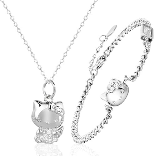 dcas 2 st katthalsband diamant hänge armband, kattunge smycken, 925 sterling silver söt katt hänge halsband justerbar kedja, katt halsband diamant hänge, katt halsband silver sött, Eén maat past