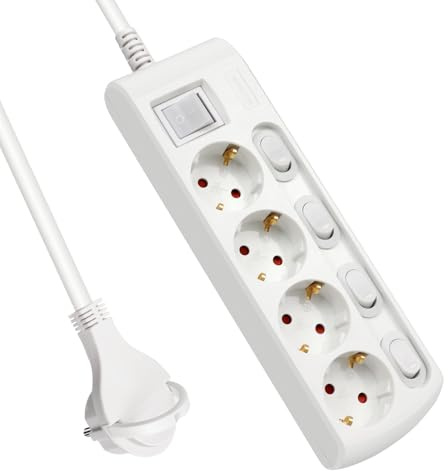 EXTRASTAR 4 Fach Flachstecker Steckdosenleiste Haupt+Einzelschalter | Kindersicherung, 1.5m Kabel, 3G1.5mm², 16A, 3680W, Mehrfachsteckdose für Büro und Zuhause, Weiß