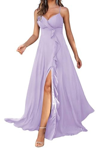 HPPEE Abito da damigella d'onore in chiffon con spalline sottili per donne con fessura increspata una linea abito da sera formale, Lilla, 62 Più