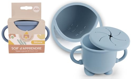 DORON & CHARLIE - Tasse zum Probieren mit Deckel - Kinderessen - 056731 - Blau - Silikon - 150 ml - Mikrowellenkompatibel - Waschmaschine - Leicht zu reinigen - Babytasse - Ab 4 Monaten