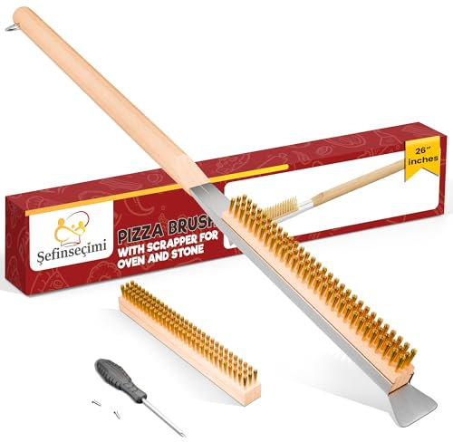 Sefinsecimi Pizza Oven Brush 26 inches with Scraper – Heavy-Duty Brass Bristles, Wooden Handle for Easy Grip – Ideal for Cleaning Pizza Stones, Ovens & Grills – Pro Pizza Oven Tool.