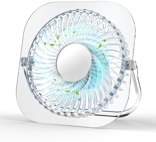 FUNJEO F92 Glassy Mini-Tischventilator, 3 Geschwindigkeiten, Leichter USB-Ventilator, Leistungsstark für Arbeit/Studium/Party/Camping (Weiß)