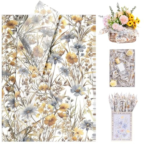 Larcenciel Seidenpapier Aquarell Blume, 60 Blatt Gelb Seidenpapier Verpackungsmaterial für Füllmaterial, Vintage Wildblumen Pflanzen Geschenkpapier für Geburtstage Hochzeit Jubiläen Basteln, 50x35CM
