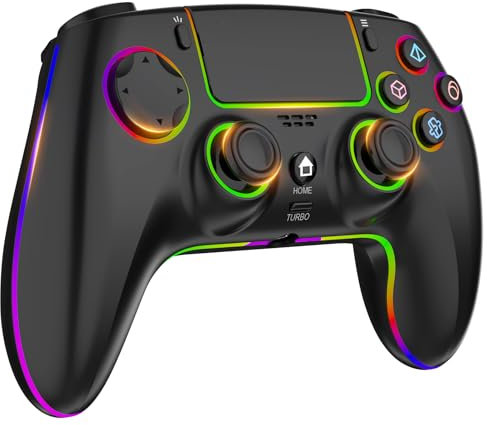 MYSTILUCK Manette Sans Fil pour PS-4/PS-3/Pro/PC/MAC/iOS/Android/Steam Deck, Gamepad avec éclairage RGB 7 Couleur/Joystick Effect Hall/Double Vibration/Turbo/Pavé Tactile/Prise Casque/Batterie 1500mAh