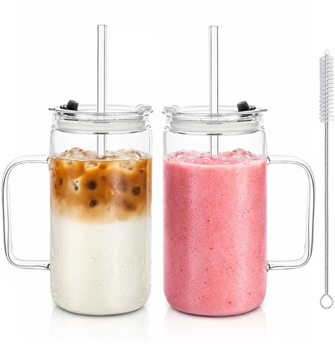 2er-Set 710ml Glasbecher mit dichtem Deckel & Strohhalm - spülmaschinengeeignet, auslaufsicher, perfekt für Smoothies, Cocktails, Eiskaffee, Milchshakes und Limonaden, ideal für Büro und Zuhause.