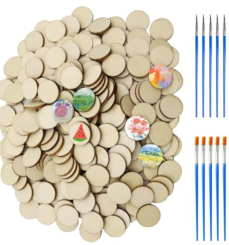 GETRICH 500 Stück 2CM Holzscheiben, Holzplättchen Rund mit 10 Acrylpinsel Kleine Holzscheiben zum Basteln, Holzscheibe Mini Naturholzscheiben für DIY Handwerk Scrapbooking Dekoration Malen