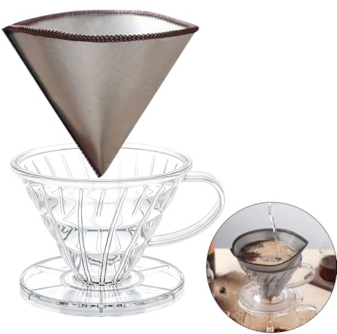 Stainless Steel Reusable Drip Coffee Filter Cone, Paperless Strainer | Fine mesh replaces disposable filter paper, fits common mugs and carafes for homemade drip coffee