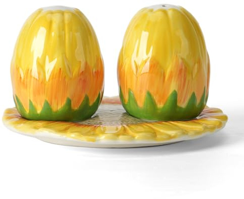 Salz- und Pfefferstreuer Set mit Tablett – Handbemalte Keramik im Sonnenblumen-Design, Landhausstil Küchen Deko, Süßes Tisch-Accessoire für Esstisch, Zuhause oder Einweihungsgeschenk