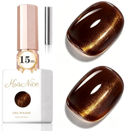 KRISNICE UV Nagellack Cat Eye 15 ML, Goldbraun Dunkel Gellack mit Magnet, Cat Eye Uv Gel, Glitter Gelnagellack Soak Off Reflective Gel Magnetic Nail Polish für Frauen und Mädchen (MY029)
