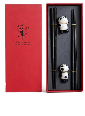 Chopsticks and Chopstick Rest Gift Set, 2 Pairs Reusable Chopsticks with Panda Ceramic Holder, Safe and Non-Slip, for Sushi Noodles and Rice, Chinese Japanese Style Elegant Gift,Black