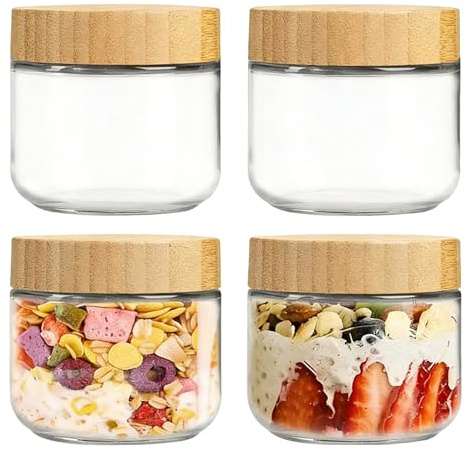 Lot de 4 Bocaux à Avoine en Verre avec Couvercles en Bois, 300ml à large ouverture, Bocaux en Verre Hermétiques Réutilisables Pot de Conservation pour Yaourt, Collations, épices, Sucre, Salade, Harico