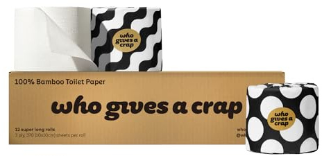 Who Gives A Crap – Premium Bamboo, Twice as Long, Toilet Roll, Box of 12 (3-Ply, 370 Sheets) Luxuriously Soft, Strong, Sustainable, Biodegradable & Plastic-Free