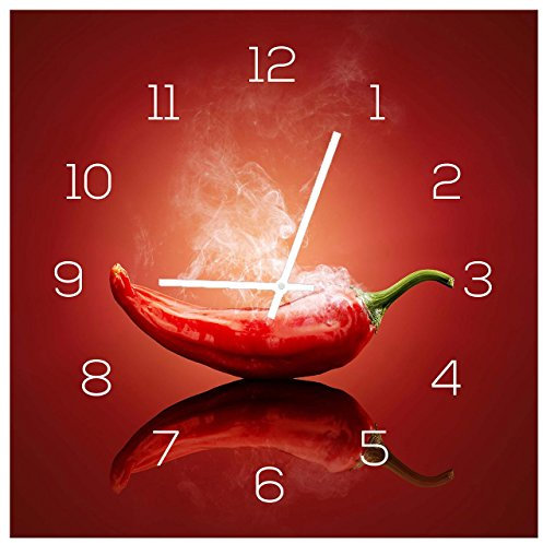 levandeo Wanduhr aus Glas 30x30cm Uhr als Glasbild Küche Gewürze Hot Chili Peperoni Deko Küchenuhr