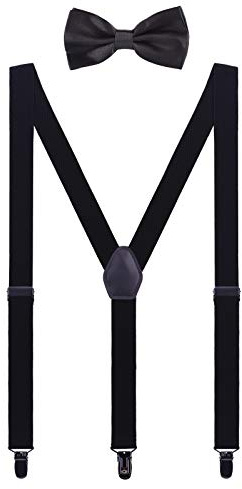 WANYING Partnerlook hängslen fluga set för kvinnor män pojkar flickor baby småbarn barn – 3 svarta klämmor Y-form 2,5 cm hängslen enfärgad, För vuxna tonåringar - svart med fluga, für Körpergröße
