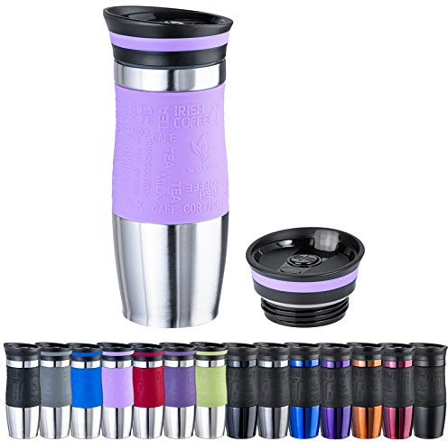 WELLGRO Thermobecher 400 ml + 1 Extradeckel - Edelstahl rostfrei - Silikon Soft-Touch Griffstück - BPA-frei - Isolierbecher doppelwandig - Travel Mug - Kaffeebecher to go, Farbe:Rosa