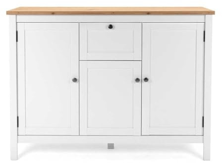 Landhaus Sideboard (B/H/T: 120 x 90 x 40 cm) 3 Rahmentüren, 1 Schubkasten | Stollenfüße | Metallbeschläge antik | Magnetverschluss