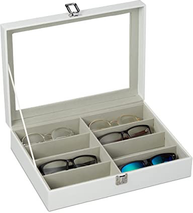 Relaxdays Brillenbox für 8 Brillen, Aufbewahrung Sonnenbrillen, HBT 8,5 x 33,5 x 24,5 cm, Kunstleder Brillenkoffer, weiß