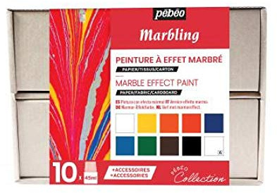 Pébéo Marbling Collection Box - Marmorierfarben Set - 10 x 45 ml Gemischte Farbflaschen, 1 x Flasche Verdickungsmittelbad, 10 x Blätter Diffusionspapier, 10 x Stäbchen, Kreativer Ratgeber, 758495, sortiert, 10x45ml