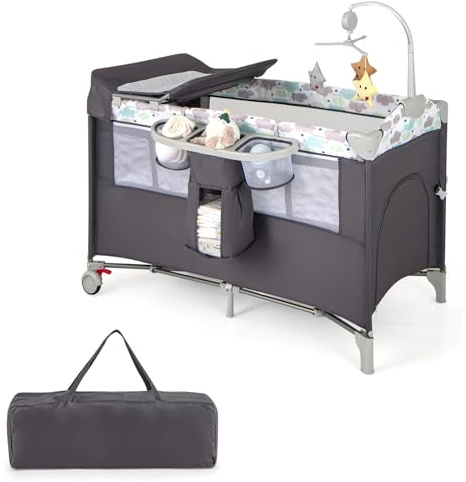 COSTWAY 5 in 1 Beistellbett klappbar, Reisebett mit Matratze, 2 Ebene Babybett mit Rollen, Spielbogen & Wickelauflage, Stubenwagen mit Tragetasche für Baby bis 3 Jahren (Grau)