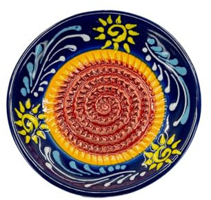 Kaladia - Keramik Reibeteller/Keramikhobel - ideal für Ingwer, Parmesan etc. - Motiv: Blau mit Sonne - Durchmesser: 12 cm - handgemacht & handbemalt - Made in Spain