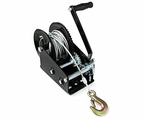 Cabrestante manual para barco, cuerda de acero, cinta textil (máx. capacidad de carga 1500 kg con 10 metros de cable de acero y gancho de carga de seguridad con solapa de seguridad)
