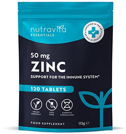 Nutravita Zinc Tablets 50mg – 120 High Strength Vegan Tablets (4 Months Supply) – Highly Absorbable Zinc Supplements for Maintenance of Normal Immune System, Bones, Hair, Skin & Nails – Made in UK