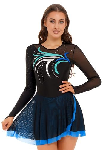 TTAO Damen Eiskunstlauf Kleid Glitzer Langarm Rollschuhkleid Ballett Trikotanzug Tanz Leotard Ballettanzug Trikot Body Eislaufen Wettkämpfe Bekleidung Blue Green L