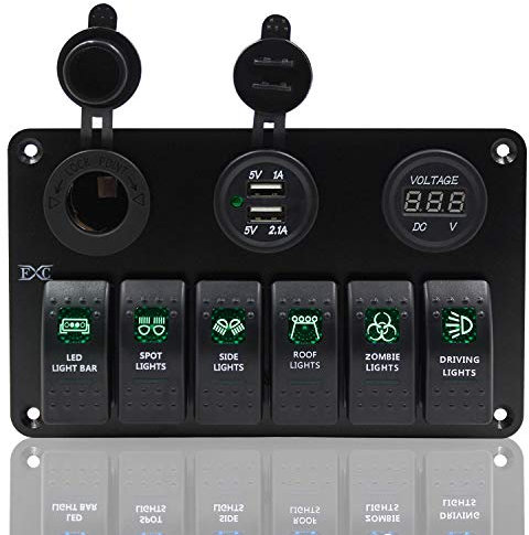 Riloer 6 Gang Kombi-Schalttafel, 12V / 24V Marine Boot Auto Wohnmobil Dual USB Kippschalter Überlastschutz mit LED Licht, mit Voltmeter
