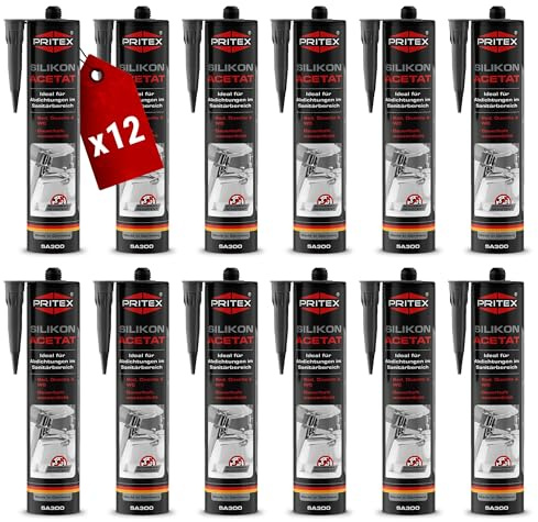 PRITEX Sanitär Silikon Anthrazit 12x 300ml, Acetat für Bad & WC Dichtmasse