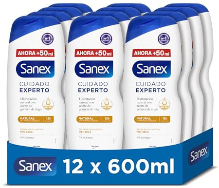 Sanex Cuidado Experto Natural Gel de Ducha, Pack 12 Uds x 600ml, Gel de Baño para Piel Seca, Limpia Suavemente, Hidrata la Piel, con Aceite de Germen de Trigo, Complejo Prebiótico y Postbiótico