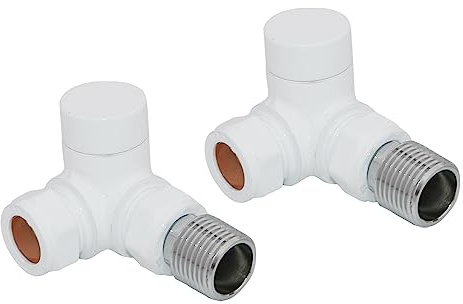 NRG White Towel Rail Corner lockshield Radiator Valve 1 Pair | 15mm Inlet, Compact, For Radiators, Towel Rails, Bathroom Central Heating Taps
