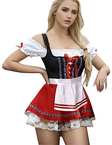 KJDWJKJRF Oktoberfest Robe Dirndl pour femme avec crochet de corsage, robe traditionnelle, chemisier dirndl, tablier assorti, robe à manches courtes, pour Oktoberfest, Halloween, cosplay, b rouge, XL