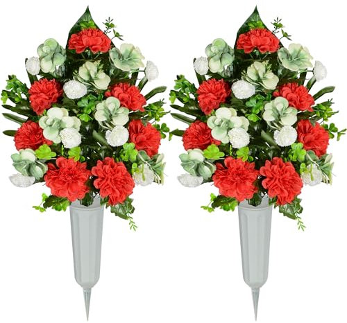 AOFOX Artificial Cemetery Chrysanthemum Flowers Greenery Bouquet for Grave Decoration - Set of 2 Spring Memorial With Vase (Red)