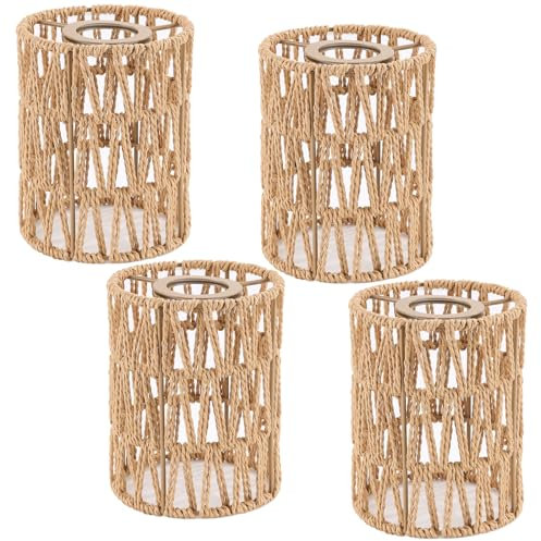 Fuloon Rattan Lampenschirm 4er Set E26 E27, Boho Hängelampe Stehlampe für Tischlampe Wandleuchte, Rattan Schirme für Küche Schlafzimmer Wohnzimmer