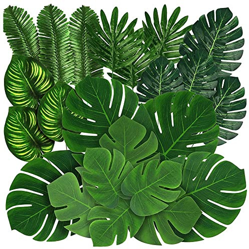 Fegtrty 88 Delar Palm Jungle Leaves 8 Sorters Falska Tropiska Monstera-LöV med StjäLkar för Hawaiian Luau Party Beach Theme Party