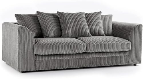 SofaSelection Spacious Jumbo Cord 3 Seater Sofa, Soft Cord Fabric Three Seater Settee with Deep-Filled Scatter Back Cushions, Family Living Room Lounge Couch (Grey)