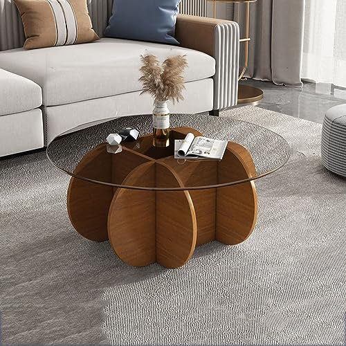 Base en Bois Massif et Plateau en Verre trempé Transparent, Table Basse Ronde, Table Basse en Verre (chêne + Blanc 80 x 40 cm)