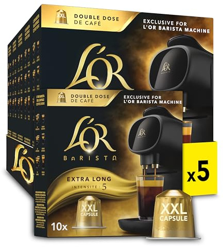 L'OR - Capsules XXL - 50 capsules Extra Long - Intensité 5 | Compatibilité Exclusive L'OR BARISTA® - lot de 5 x 10 capsules aluminium