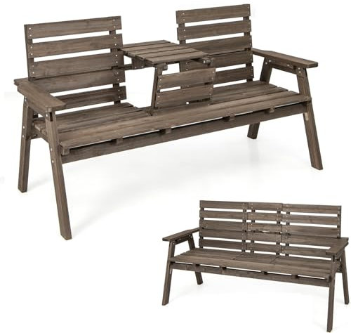 GIANTEX Gartenbank mit Tisch, Massive Holzbank mit klappbarem Mitteltisch, Sitzbank Bank 3 Sitzer, Parkbank ergonomisch mit Rücken- & Armlehnen, Garten Balkonbank Terrassenbank bis 320 kg belastbar