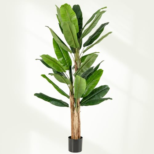 TANGZON 165CM/195CM Artificial Banana Tree, Faux Bird of Paradise Palm Tree in Pot with 10/27 Leaves, Indoor Outdoor Evergreen Potted Fake Plants for Home Office Decoration (1, 195CM, 3 Trunks)