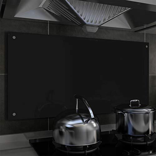 Sufrk Kitchen Backsplash Black 100x50 cm Tempered Glass,Tempered Glass Splashback for Kitchen,Toughened Glass Heat Resistant Splashbacks for Cookers - Pre-Drilled Holes with Fixing